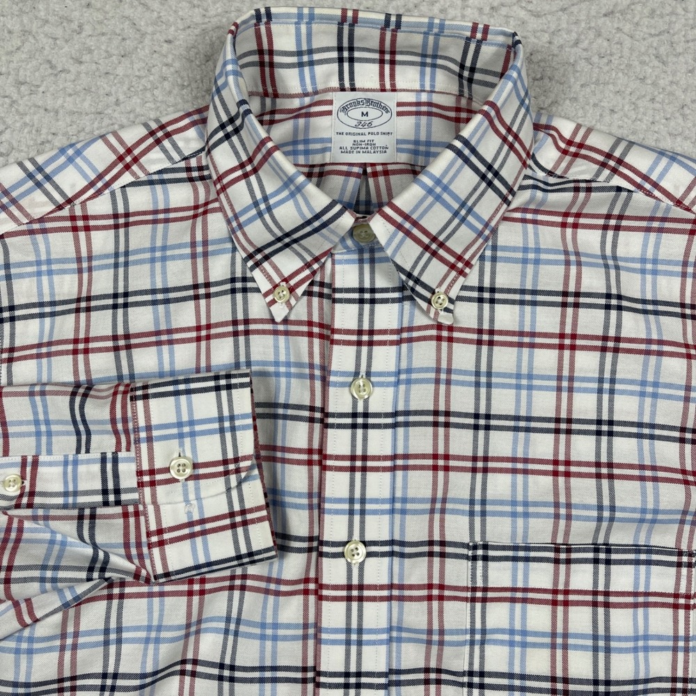 Brooks Brothers Shirt Mens M White Plaid 346 Slim Fit Non-Iron Preppy Old Money
